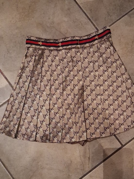 Gucci Dresses & Skirts - Gucci Beige Monogram Pleated Skater Skirt with Red and Black Striped Waistband